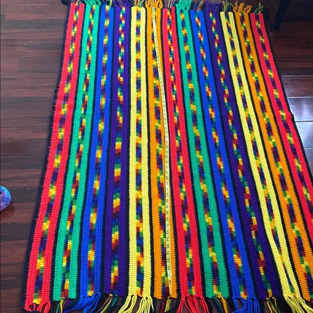Handmade Vintage Hand-Crocheted Large Rainbow Stripe Throw Blanket 63” x 44”